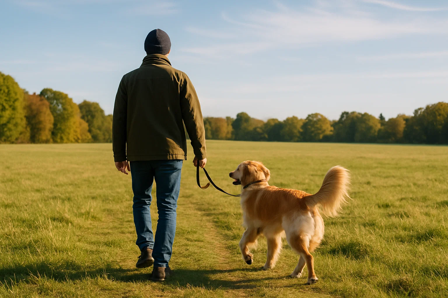 A man walking their dog in a large field