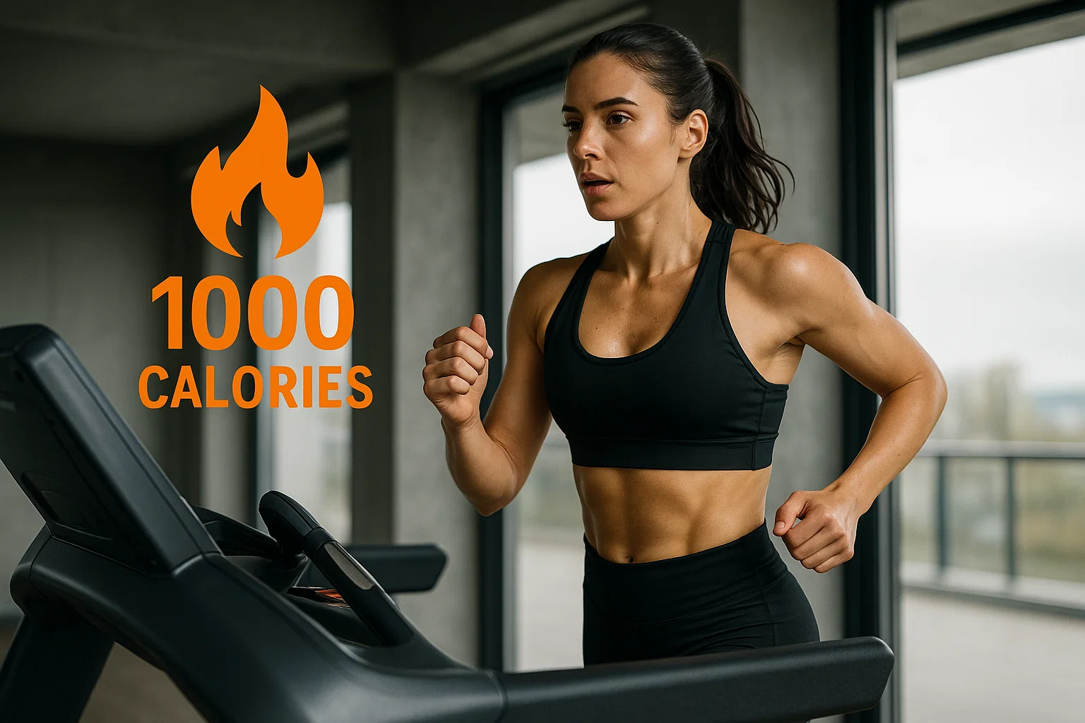 A woman running on a treadmill showing how to burn 1000 calories daily