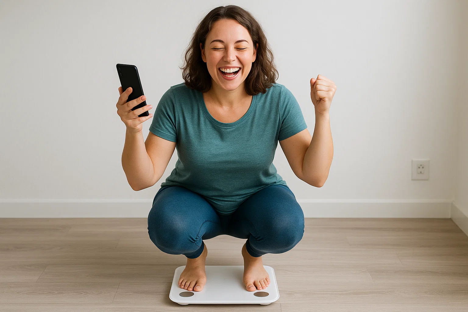someone looking happy whilst weighing themselves on a smart scale 