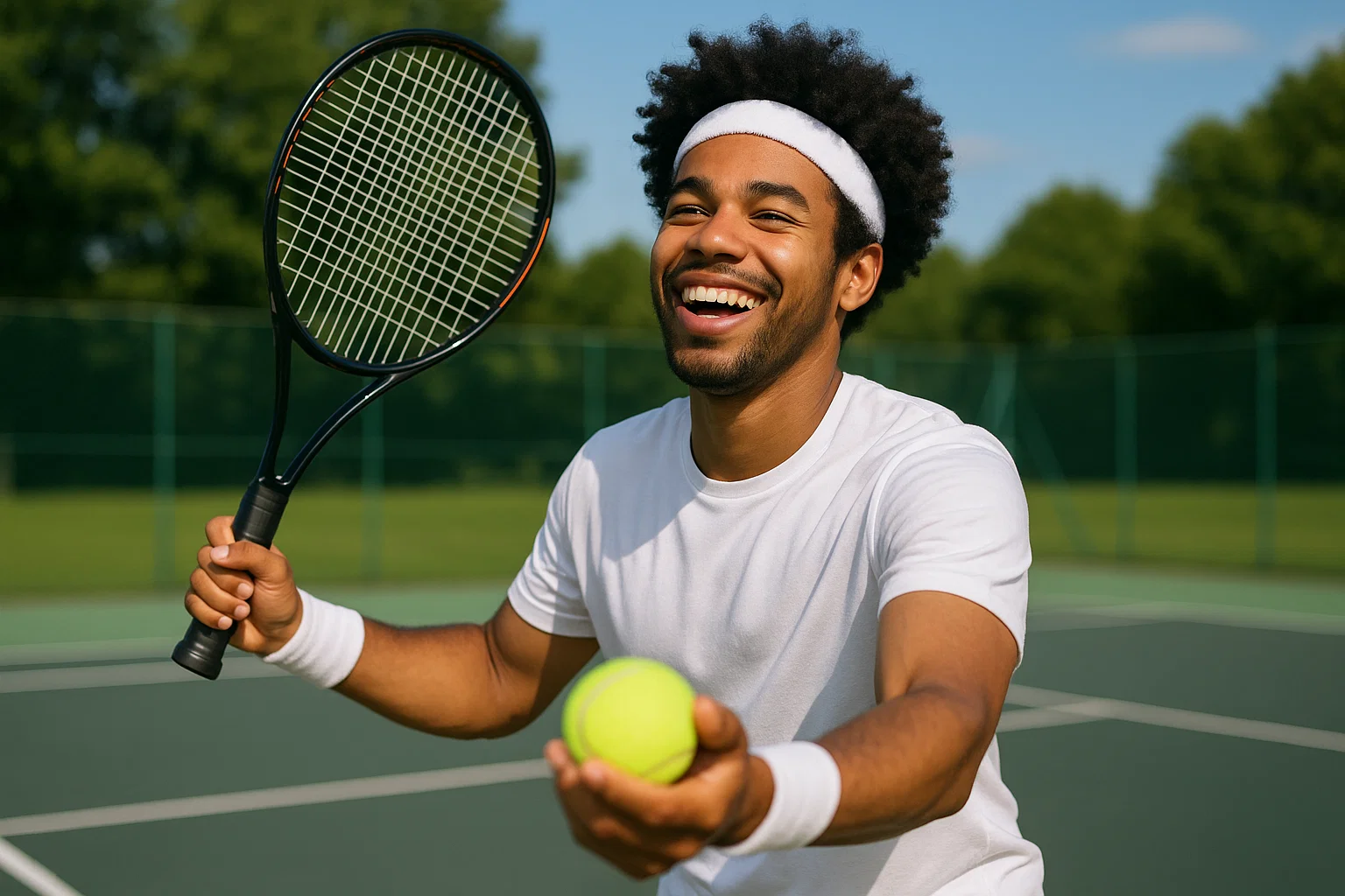 A  joyful man playing tennis 