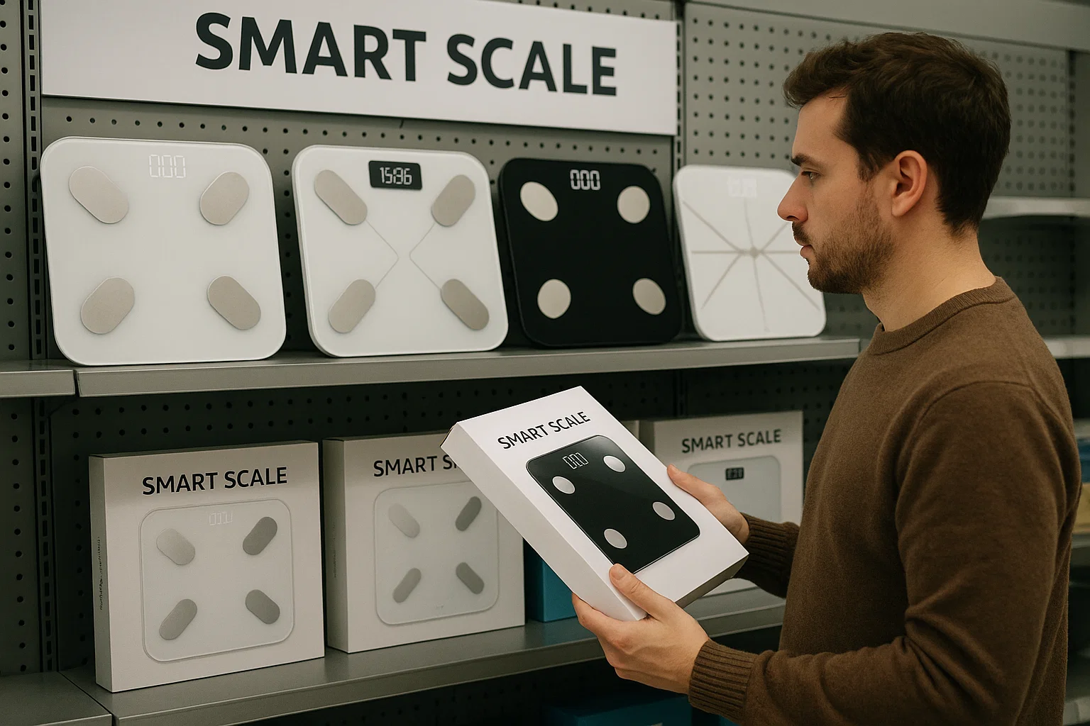 someone browsing smart scales in a store deciding which one to buy 