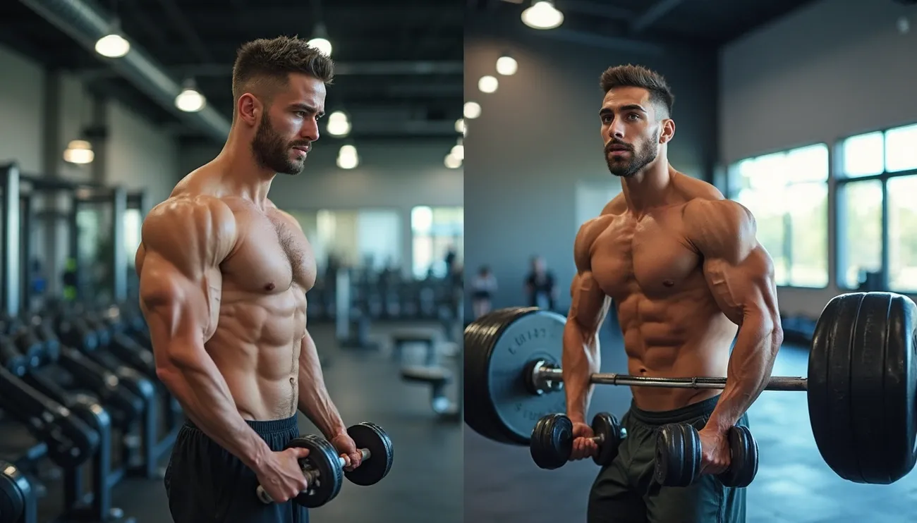 Muscular man lifting dumbbells in a gym, showcasing hypertrophy training and muscle definition.