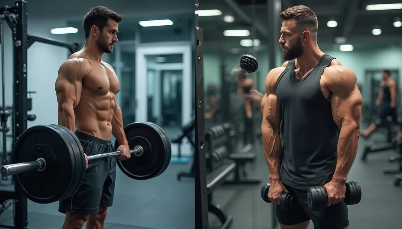 Two muscular men in a gym, one lifting a heavy barbell and the other holding dumbbells, showcasing strength and hypertrophy training.