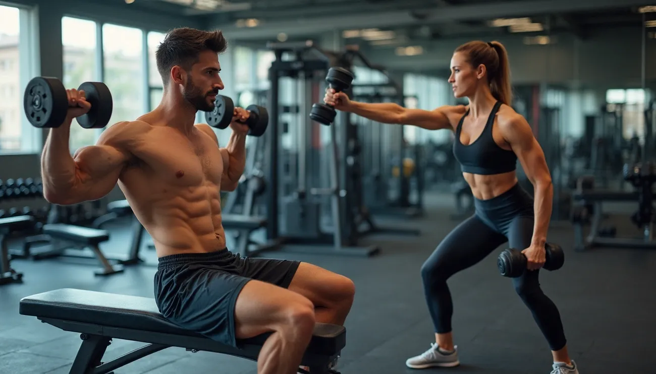 Muscular man and woman performing dumbbell shoulder presses together in a gym setting.
