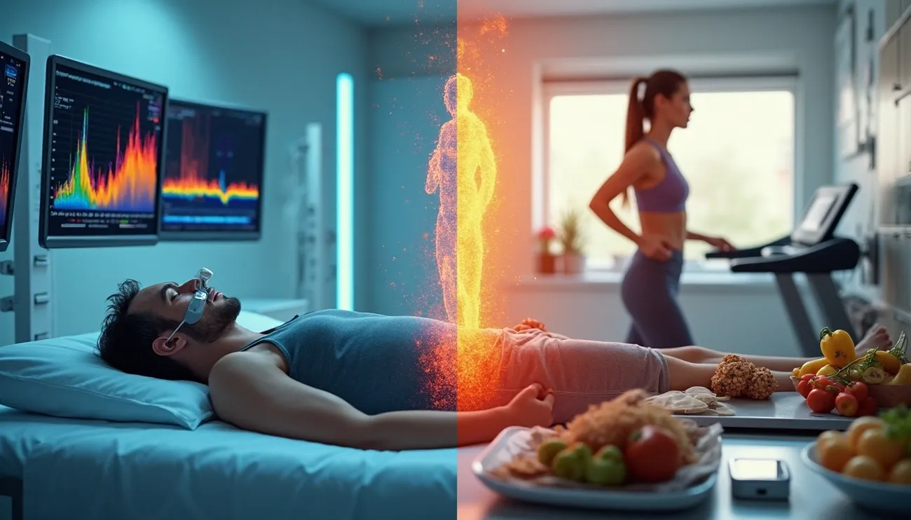 Person lying on a medical bed with metabolic data on screens and a digital body figure, while another person exercises on a treadmill.
