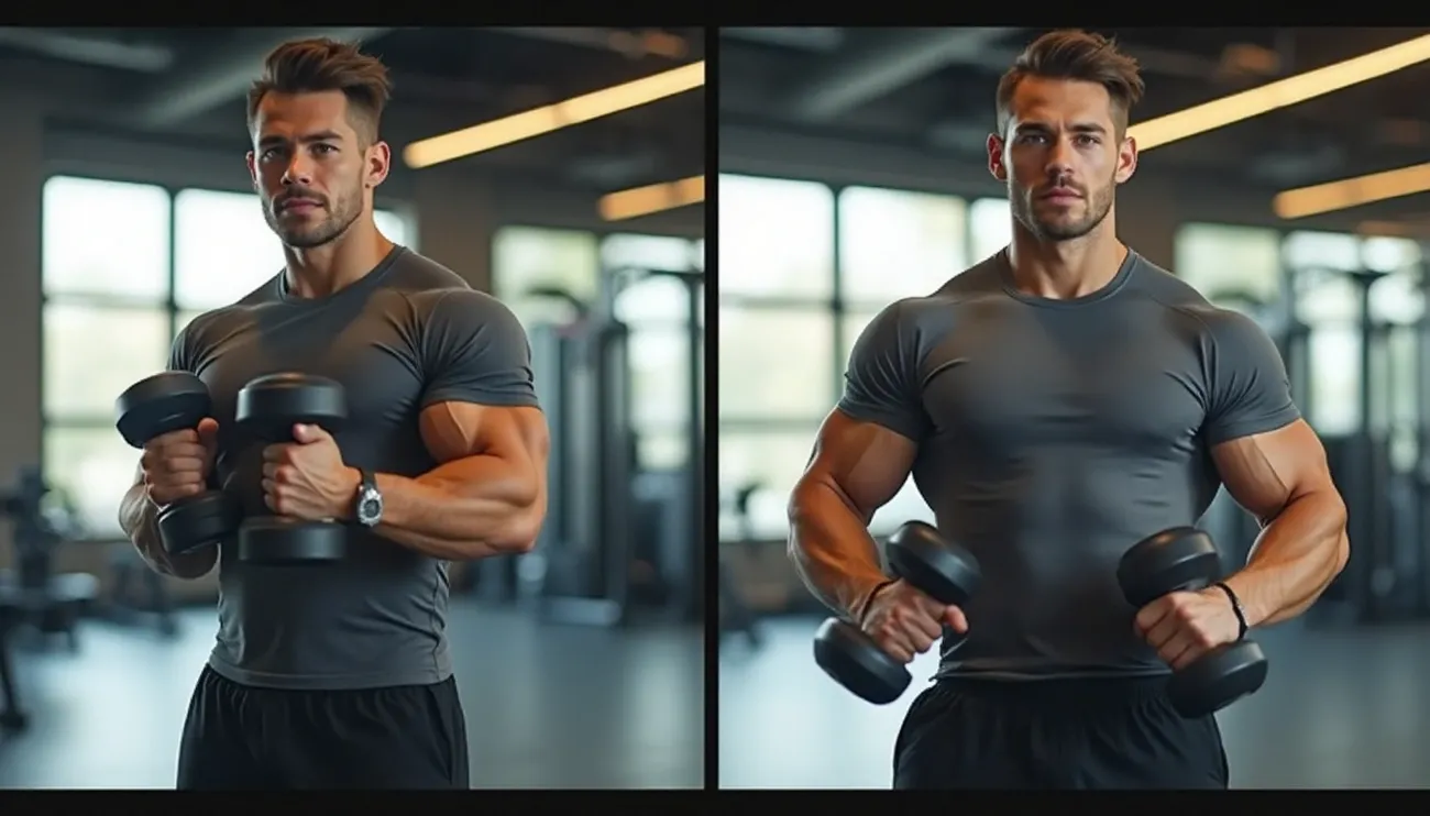 Muscular man in gym holding dumbbells in front and side views, demonstrating muscle-building exercise progress.