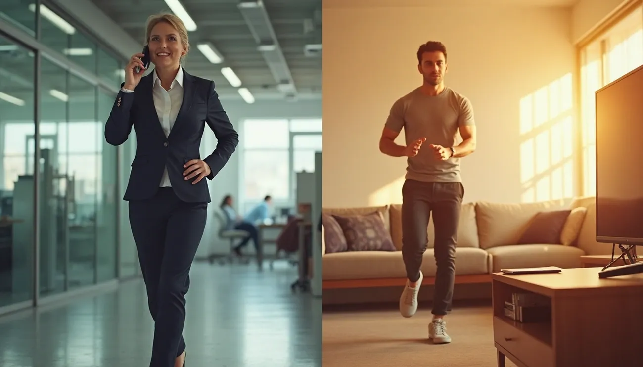 Split image showing a businesswoman walking while on a phone call and a man jogging indoors at home in the sunlight.