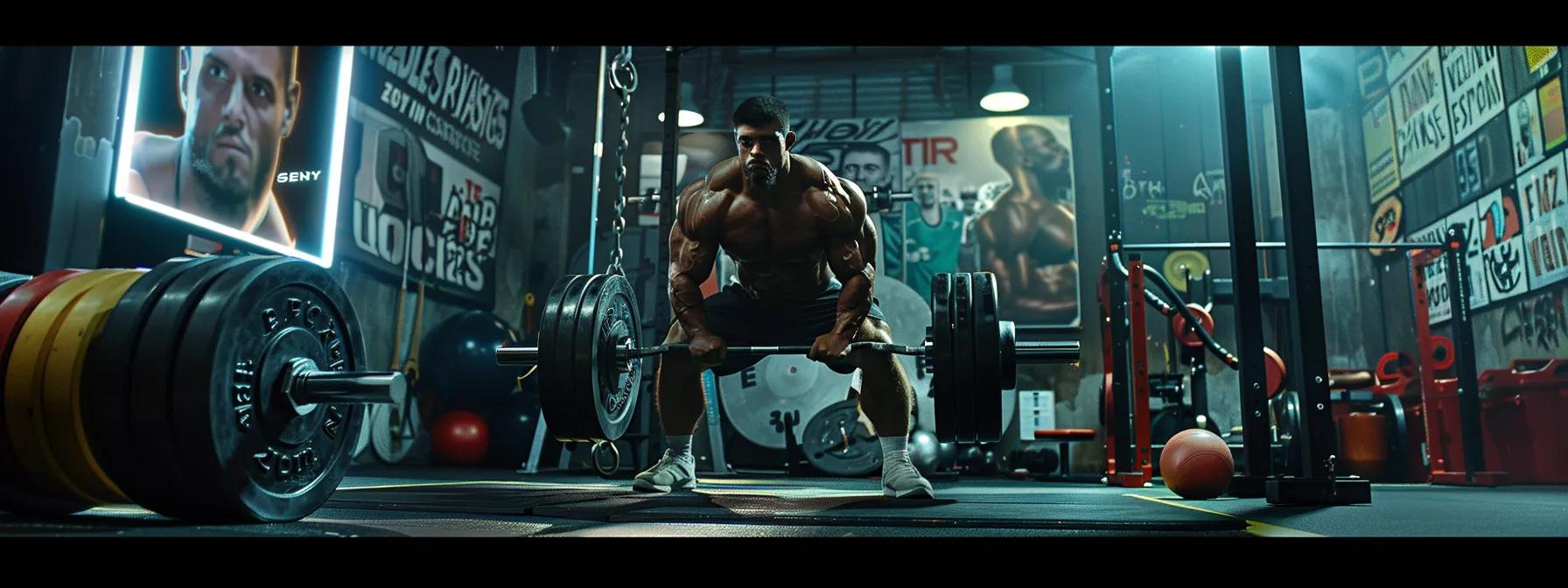 a dynamic gym setting featuring a muscular athlete performing a barbell squat, surrounded by weightlifting equipment and motivational posters, capturing the intensity and focus essential for building muscle mass.