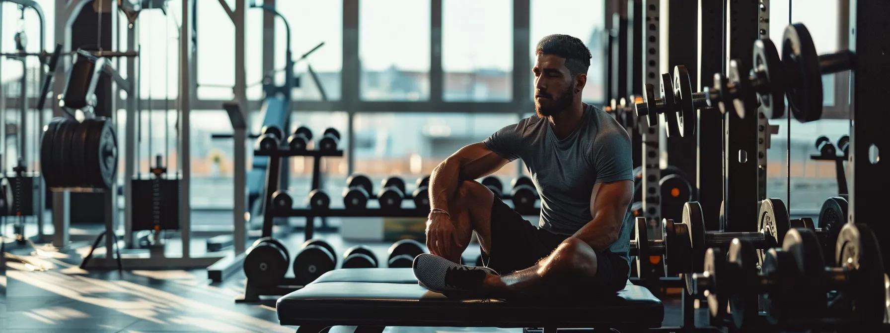 a focused gym environment captures a determined individual resting on a bench amidst a backdrop of weights and training equipment, emphasizing the crucial role of recovery in muscle growth and strength building.