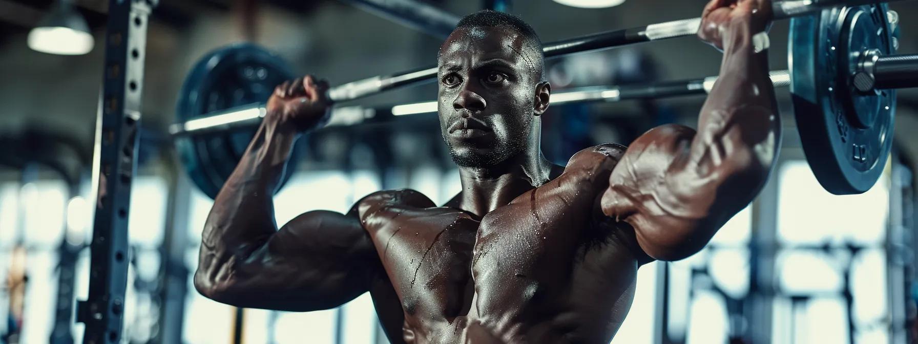 a powerfully built individual is intensely focused while performing weightlifting in a modern, sleek gym, surrounded by cutting-edge training equipment that emphasizes the theme of muscle building and bulk fitness.
