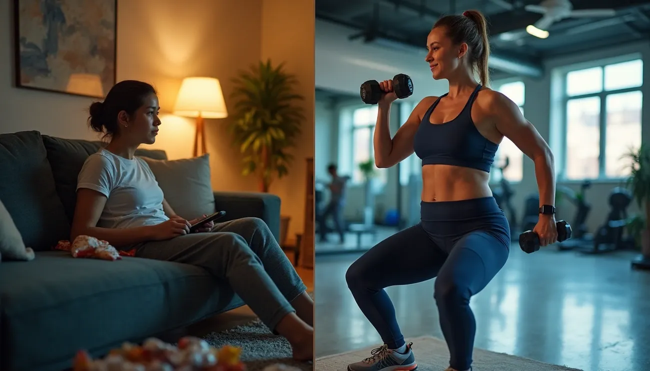 Split image showing a woman lounging on a couch and the same woman working out with dumbbells in a gym.