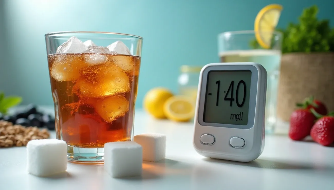 Glass of iced soda with sugar cubes and a glucose meter showing 140 mg/dL on a kitchen counter with fruits in the background.