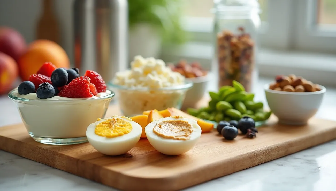 Healthy post-workout foods including boiled eggs, yogurt with berries, cottage cheese, nuts, and edamame on a wooden board.