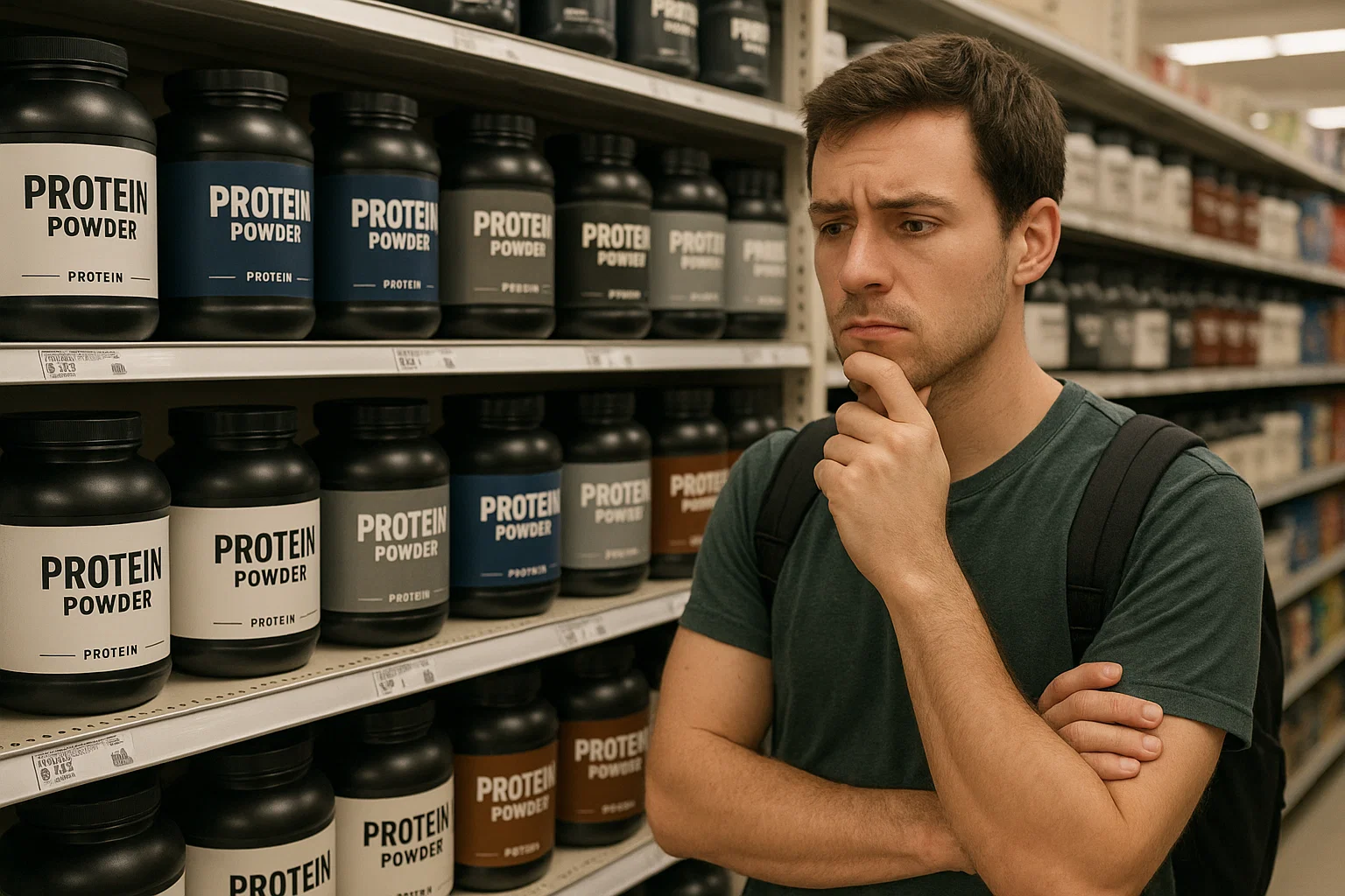 someone browsing the best protein powder for muscle gain in a store wondering what to buy