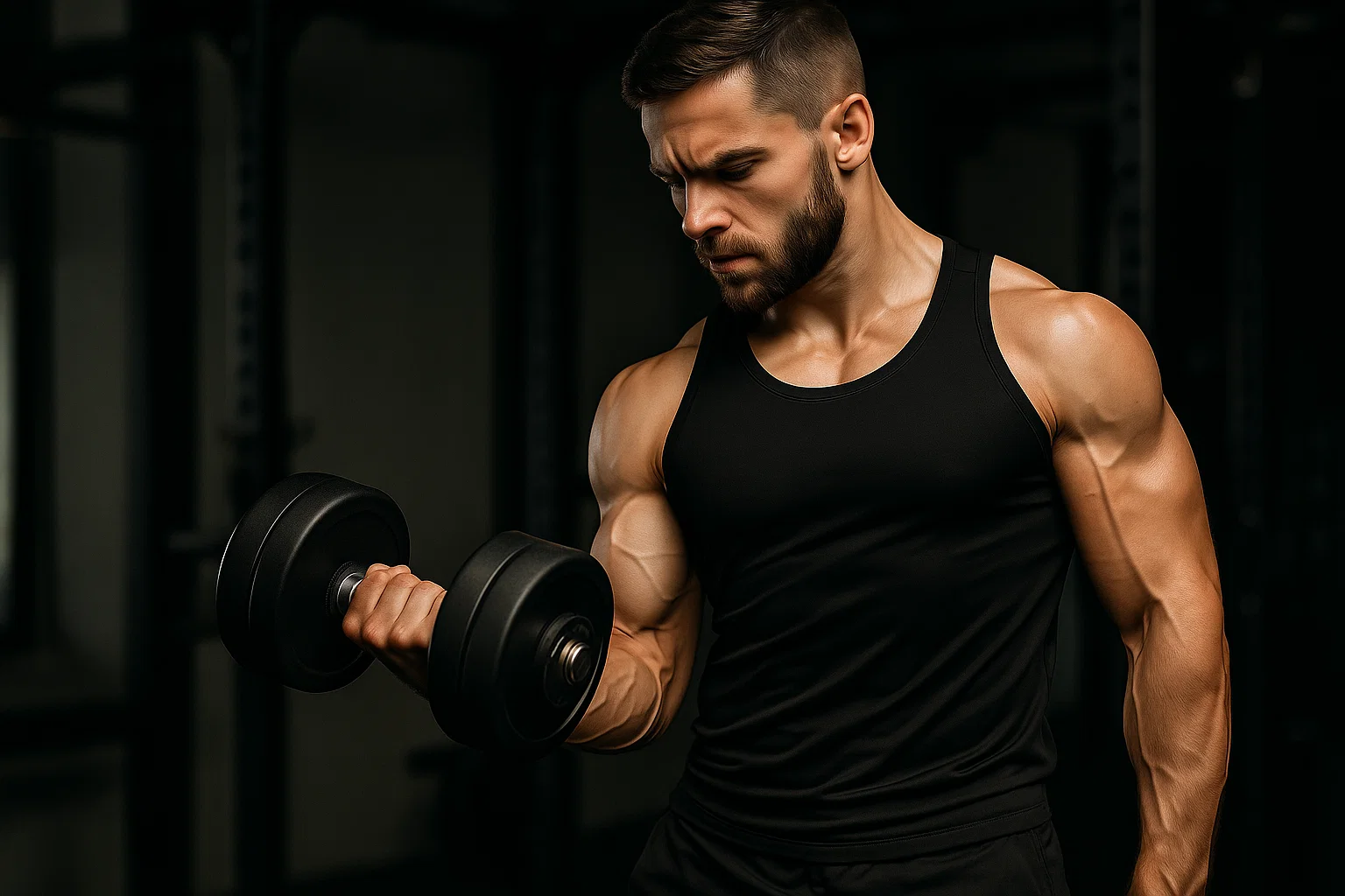 A bodybuilder curling a dumbbell