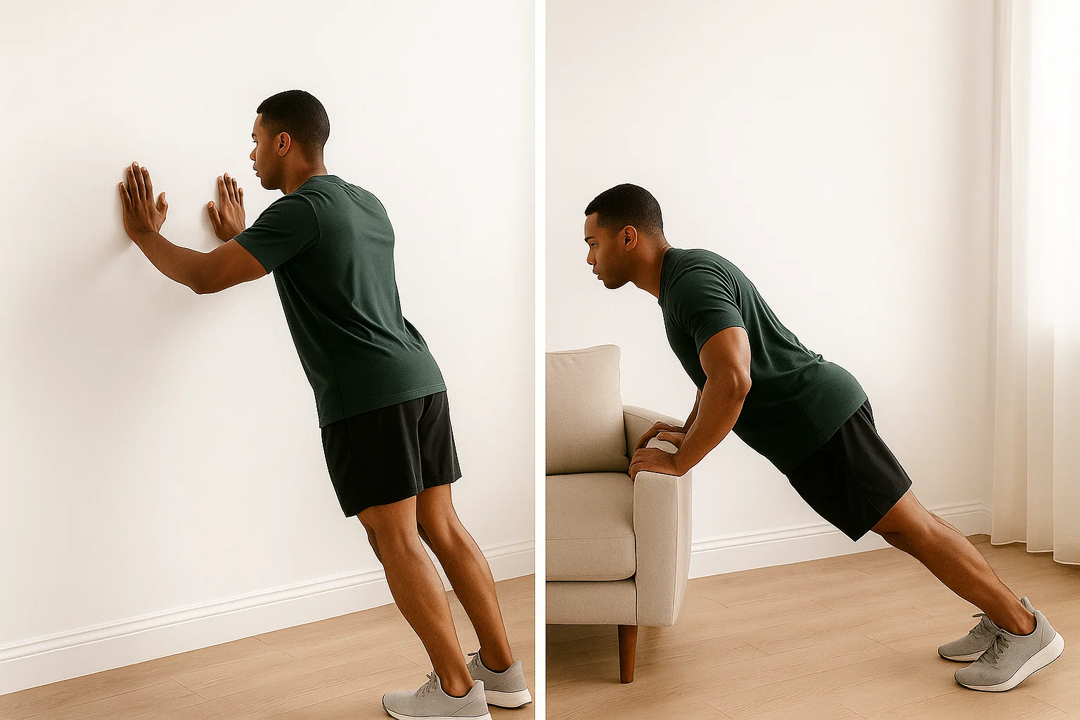 someone doing a Wall and Incline Push Circuit at home