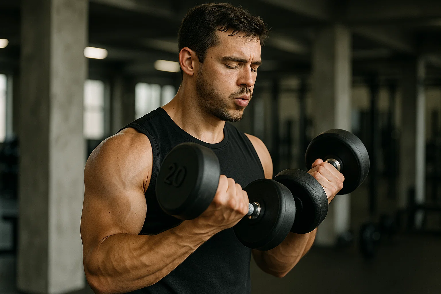A man focusing on their breathing whilst curling dumbbells 