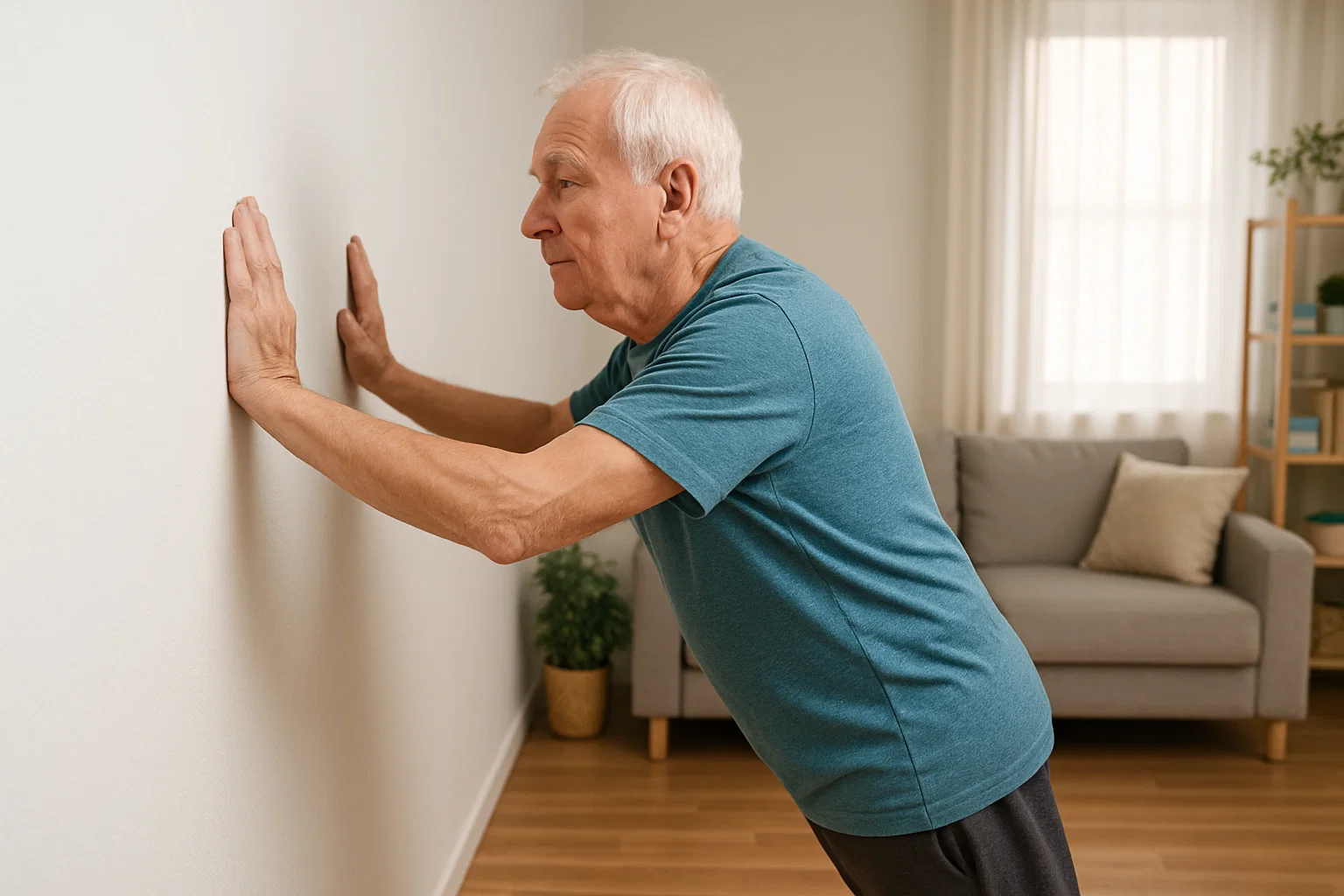 a senior citizen doing a wall push up at home for exercise 