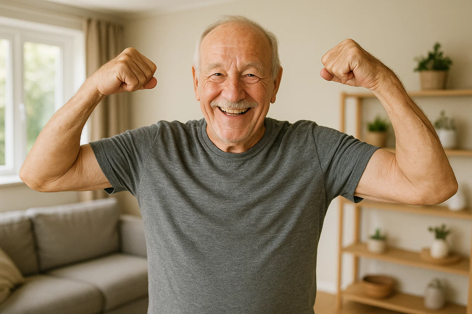 a senior citizen flexing their muscles ta home 