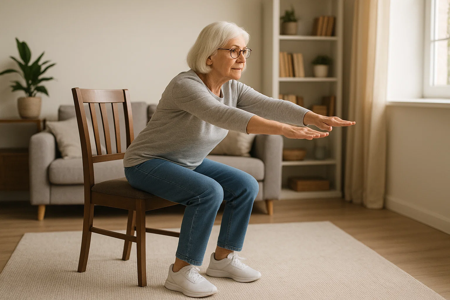 a senior citizen doing a chair squat at home 