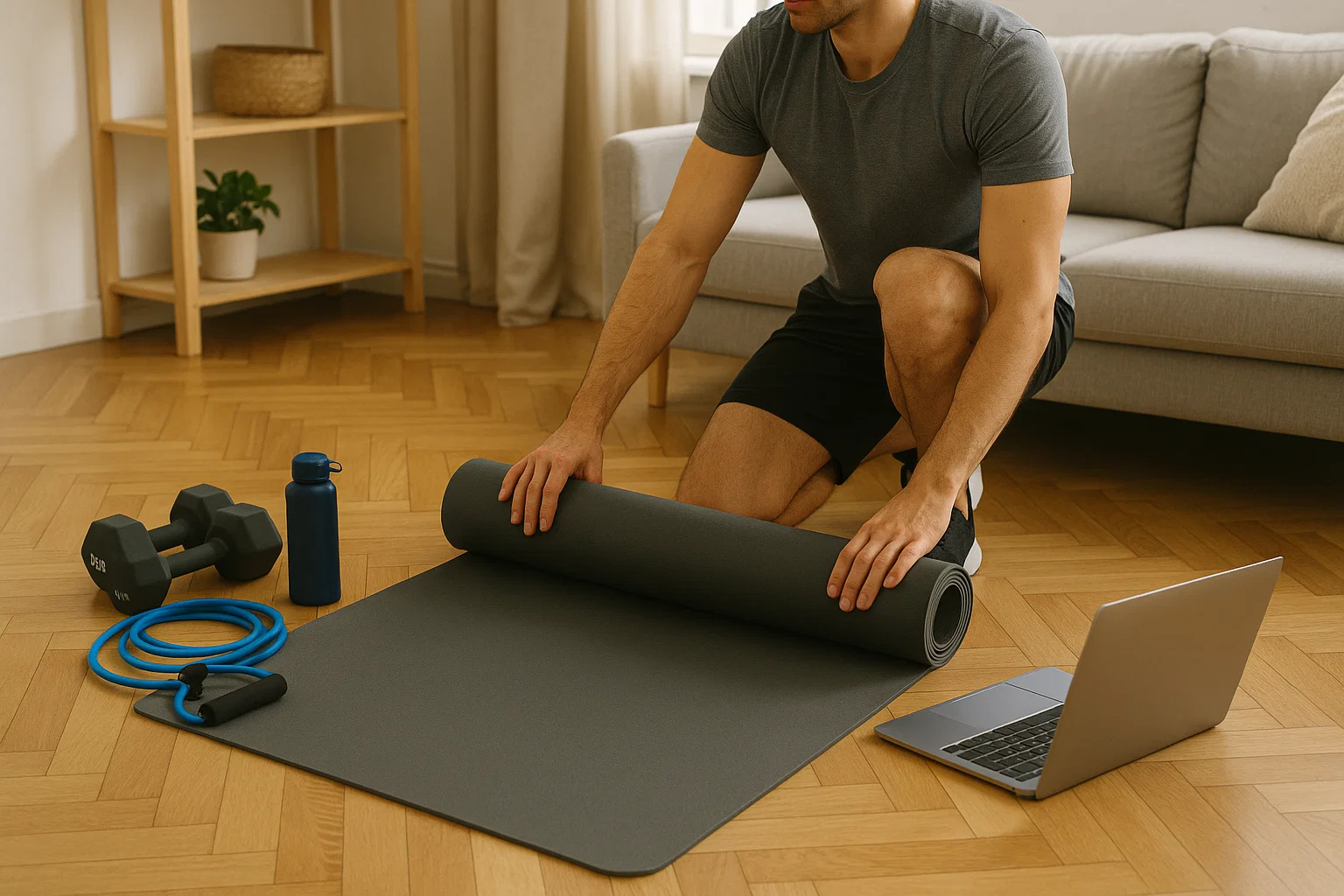 someone setting up their space for a full body home workout 