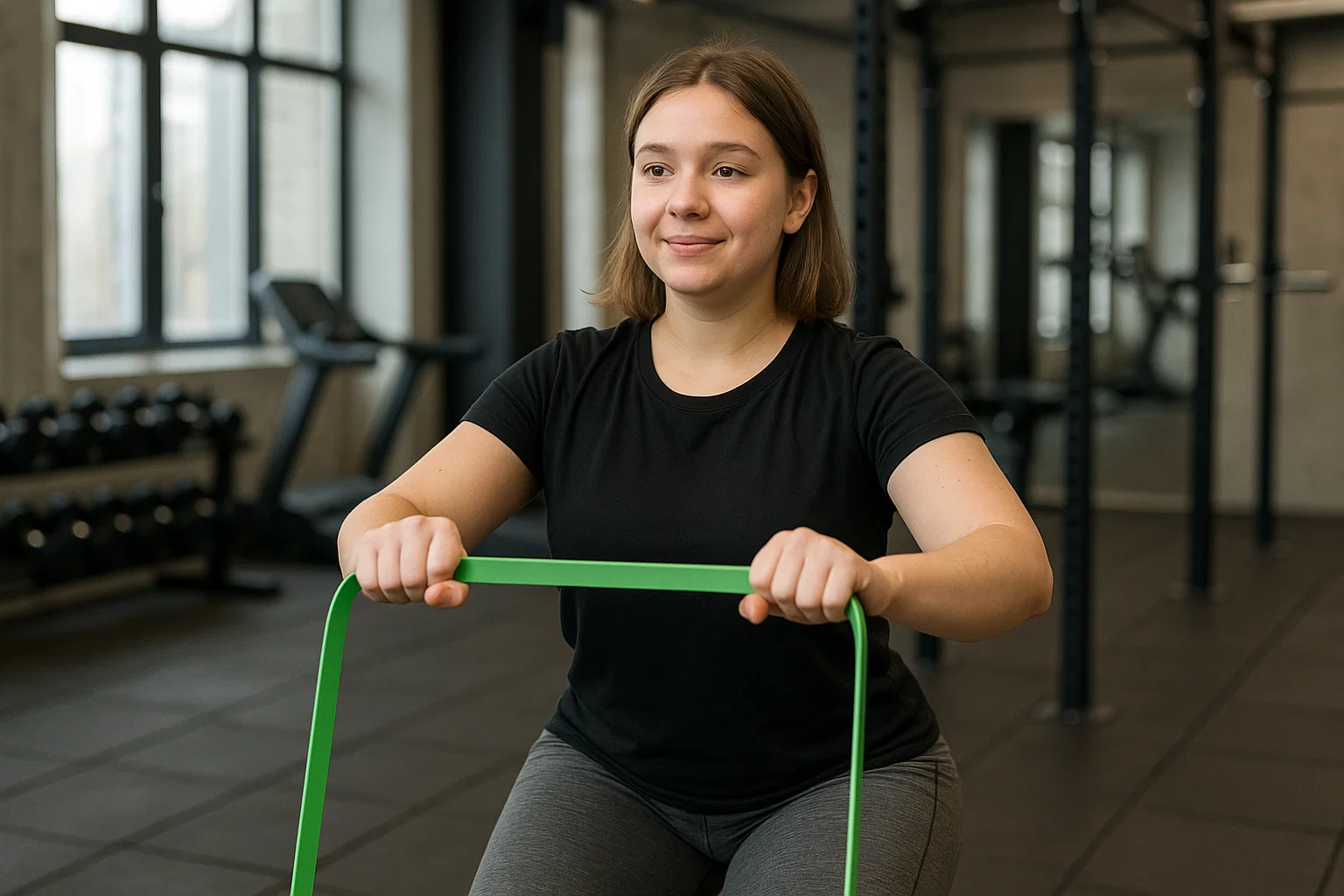a beginner using resistance bands in the gym 