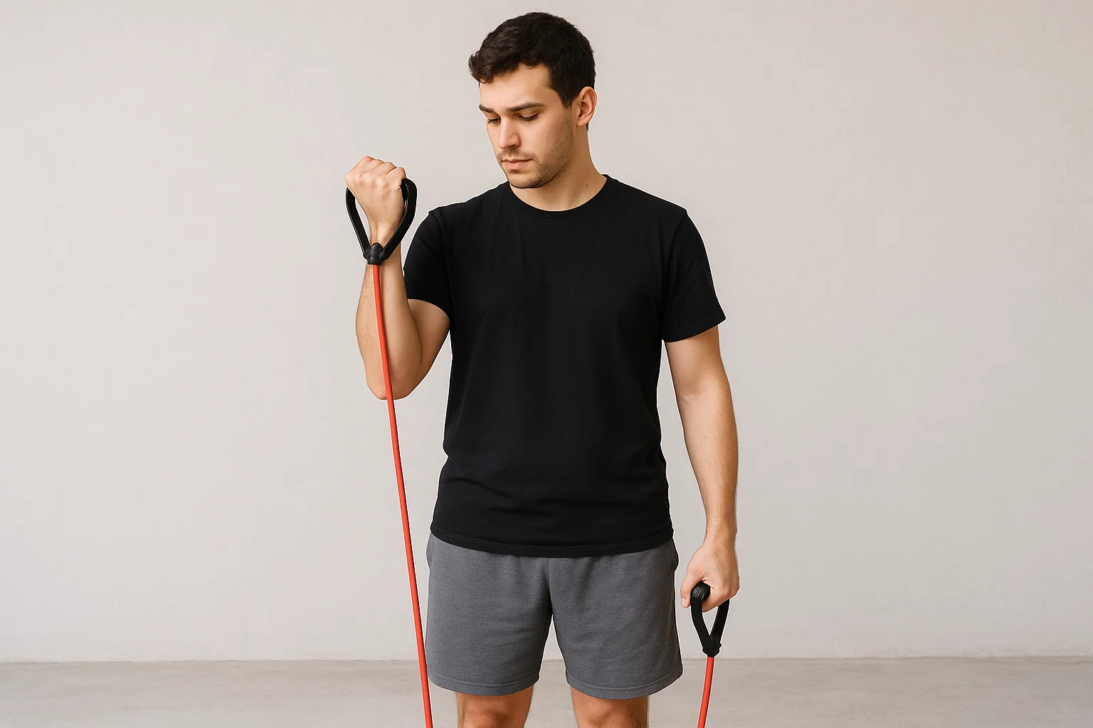 a gym beginner doing bicep curls with resistance bands