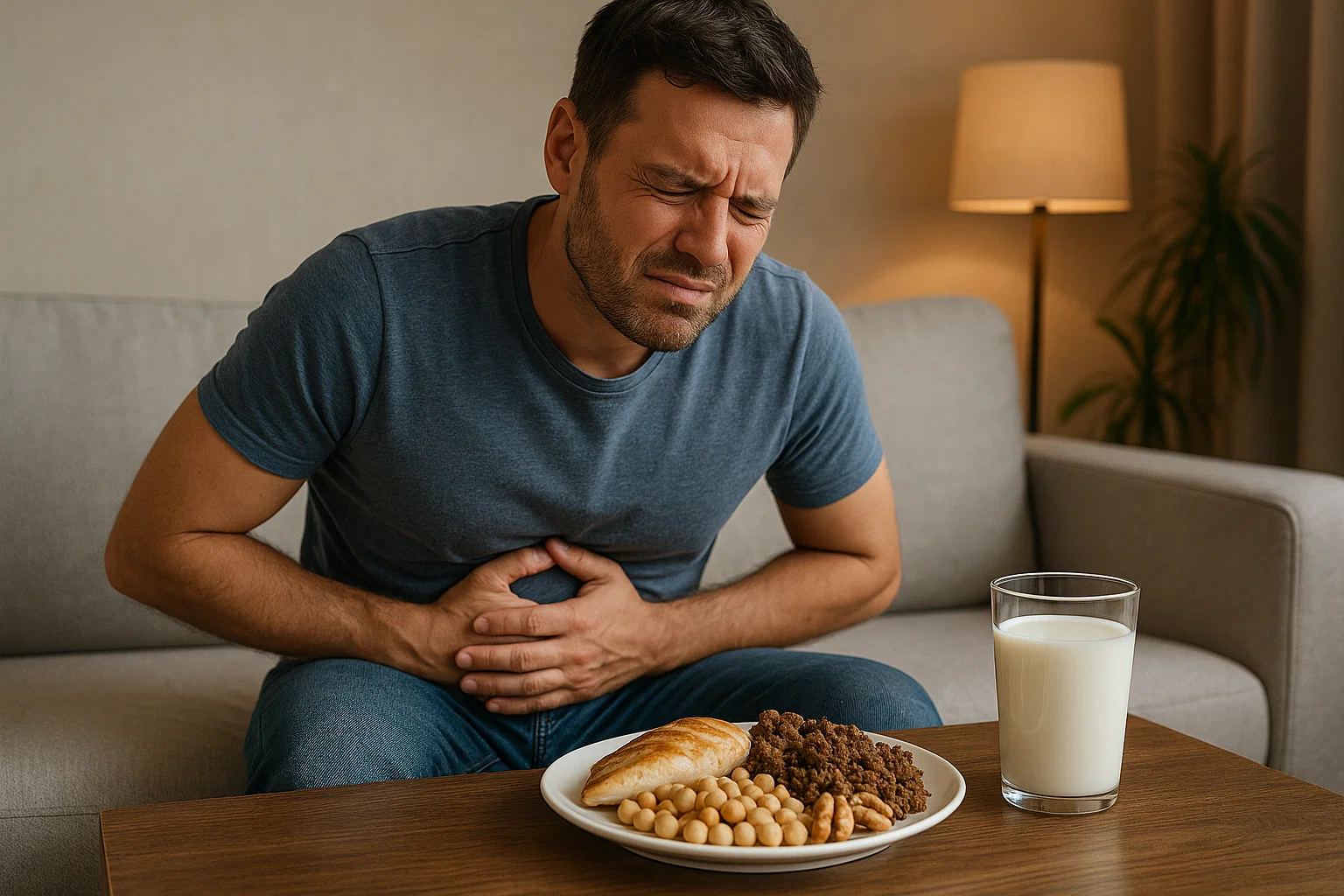 a man showing Signs of eating too much protein