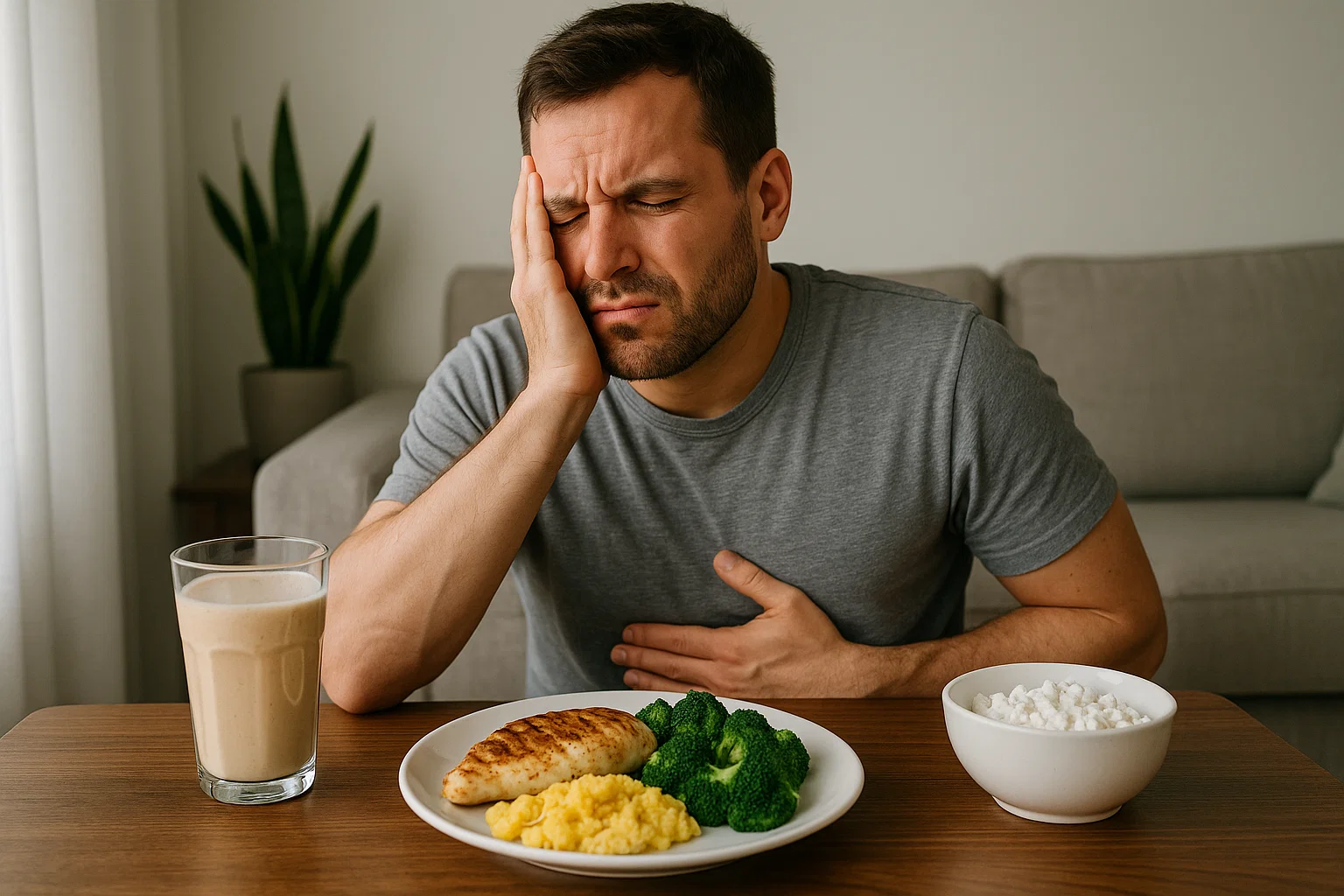 someone showing signs of eating too much protein with a high protein meal on a table in front of him as he sits on the sofa clutching his stomach and face
