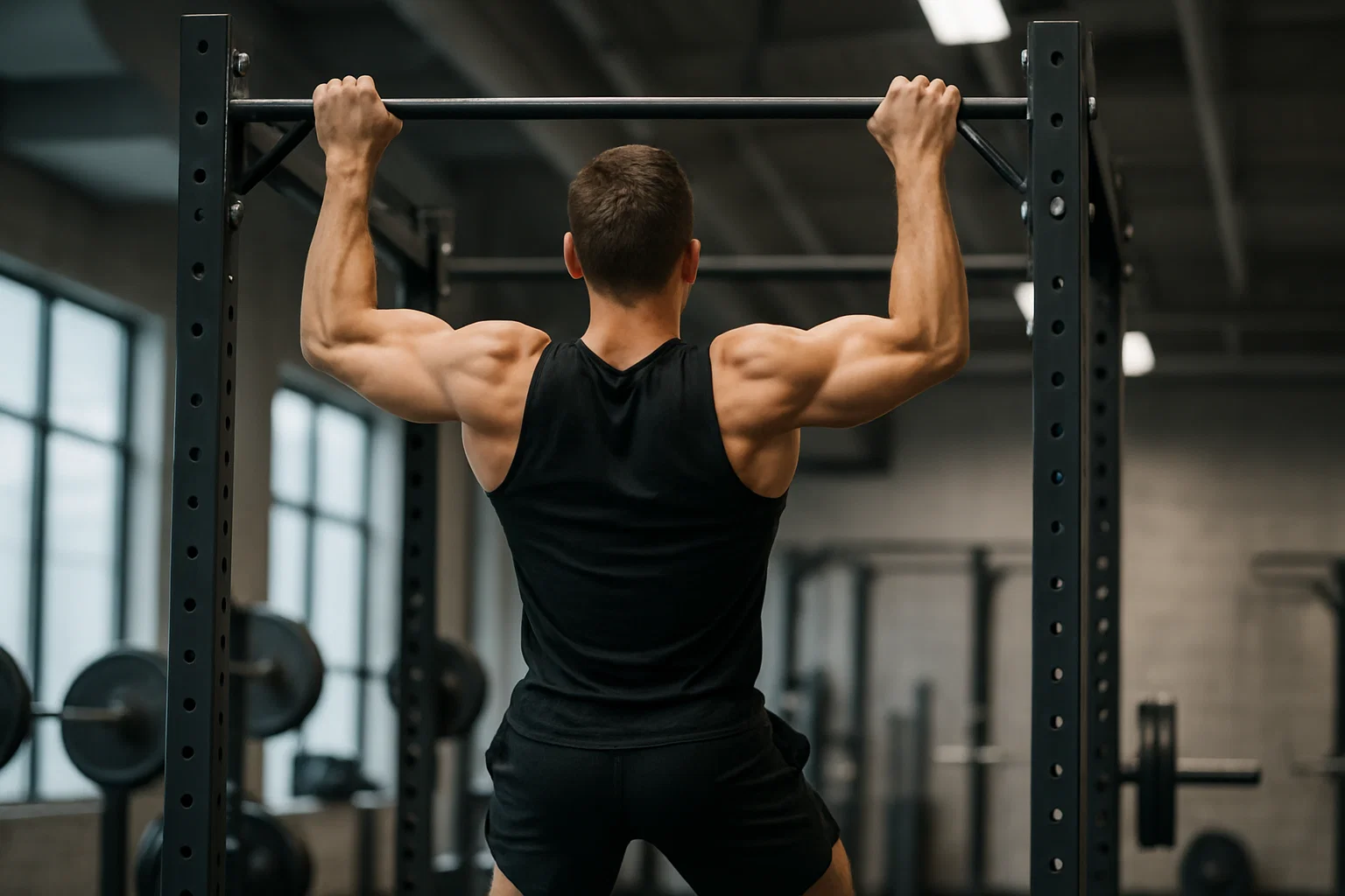 A man doing pull ups in the gym 
