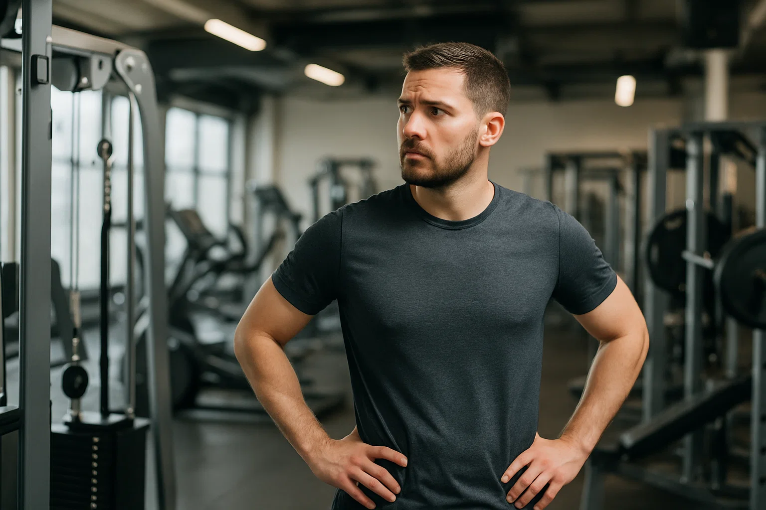 A man looking round trying to decide what equipment or machine to use in the gym 