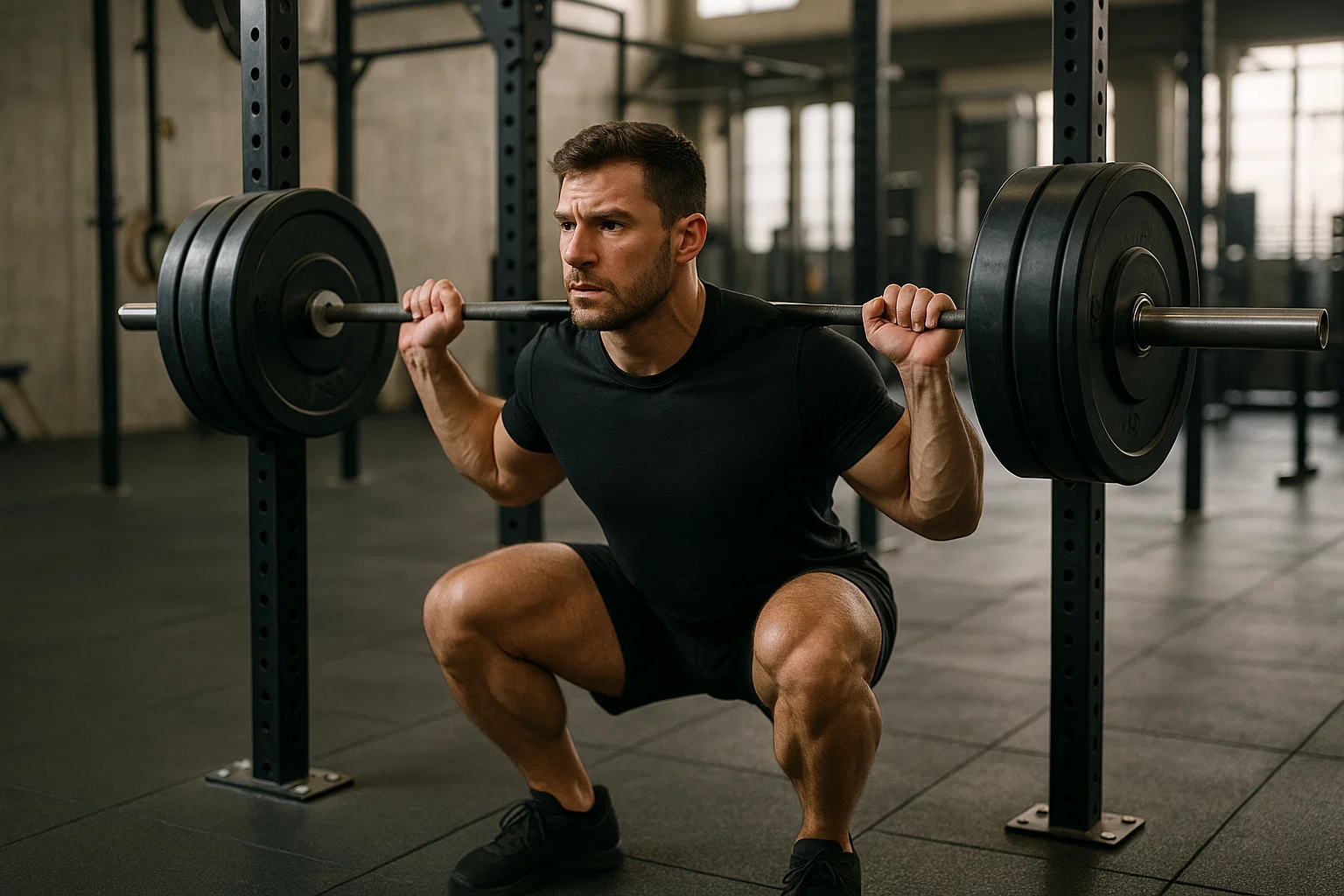 A man doing weighted squats in the gym 