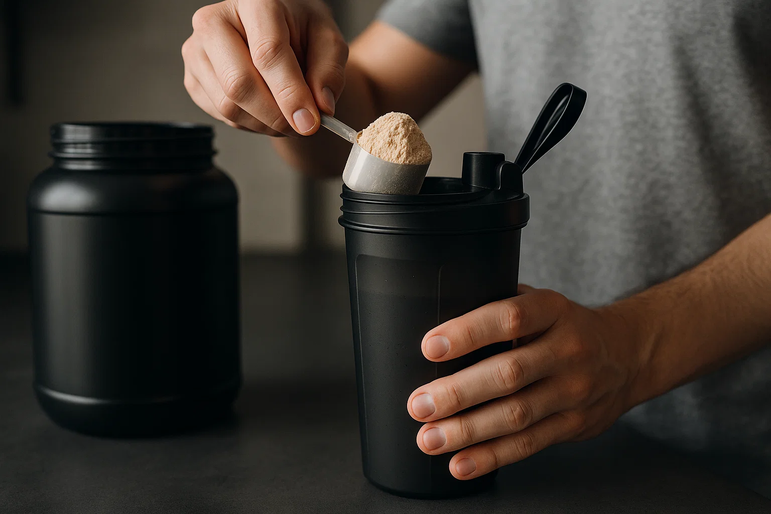 Someone stirring protein powder in to their bottle