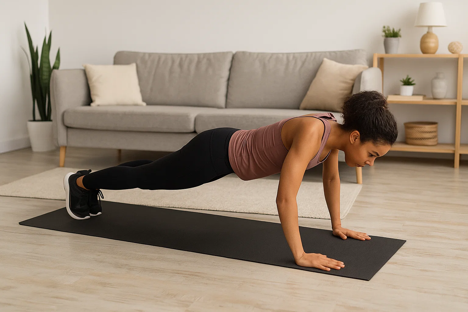 A woman doing press ups on a mat at home