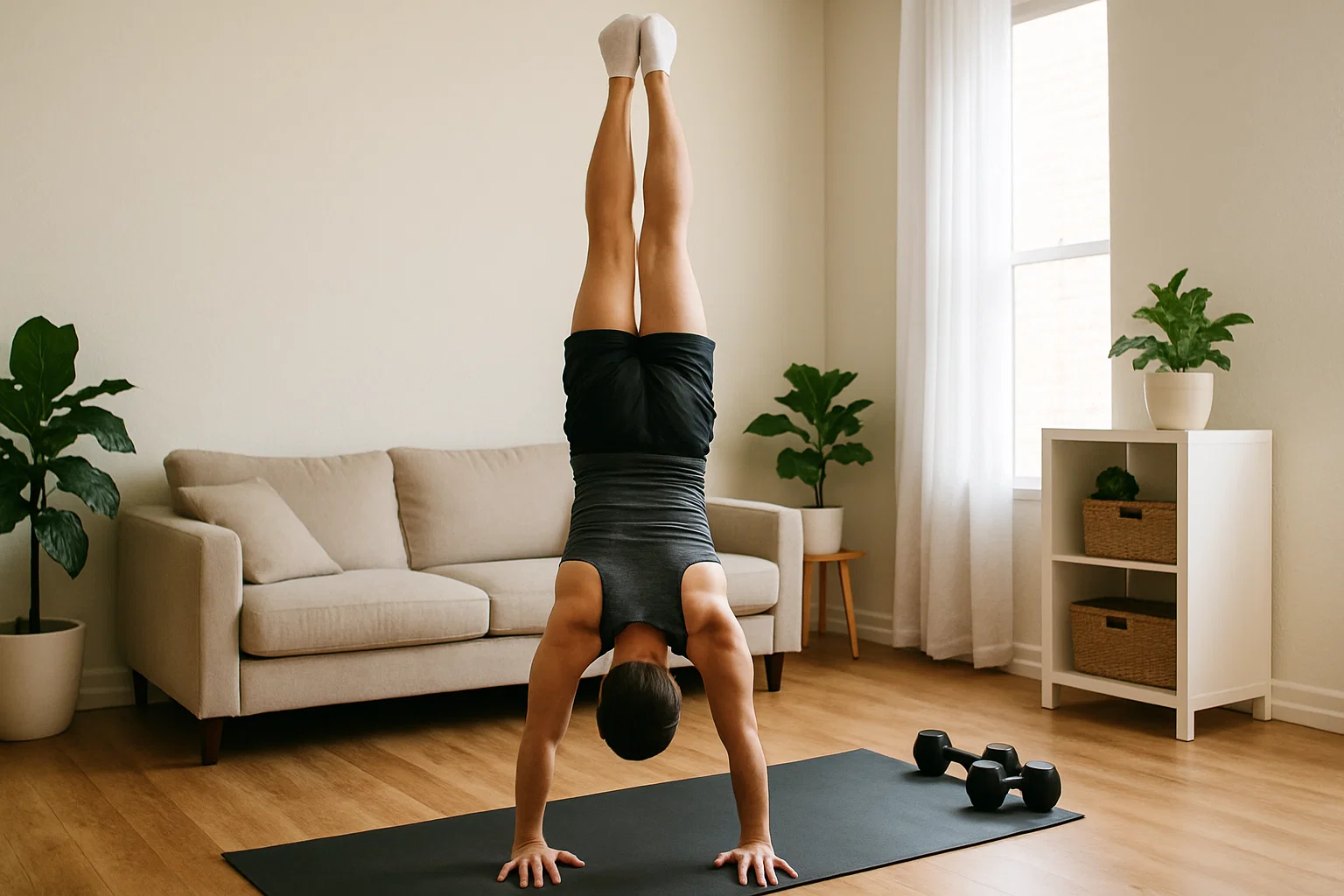 A woman doing a handstand in their home workout 