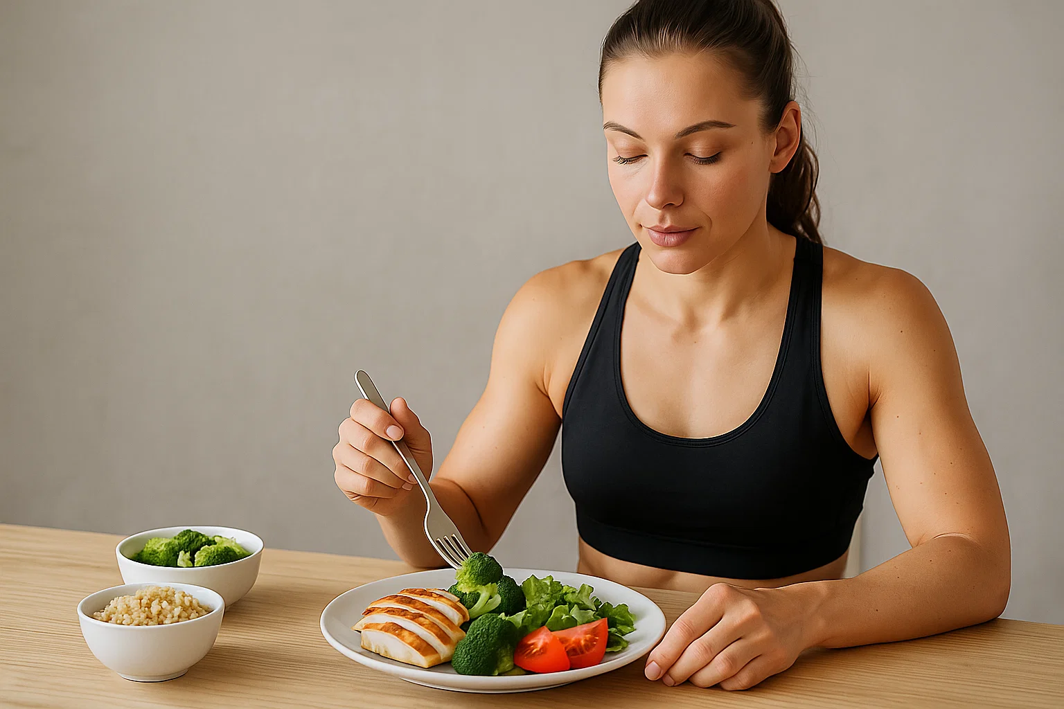 A woman eating a healthy meal for fat loss and muscle preservation