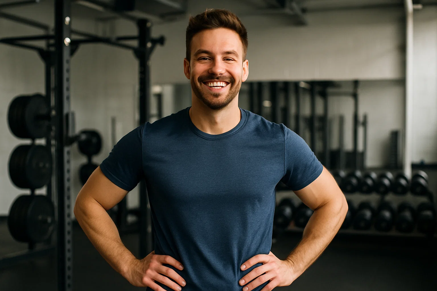 a happy person posing in the gym