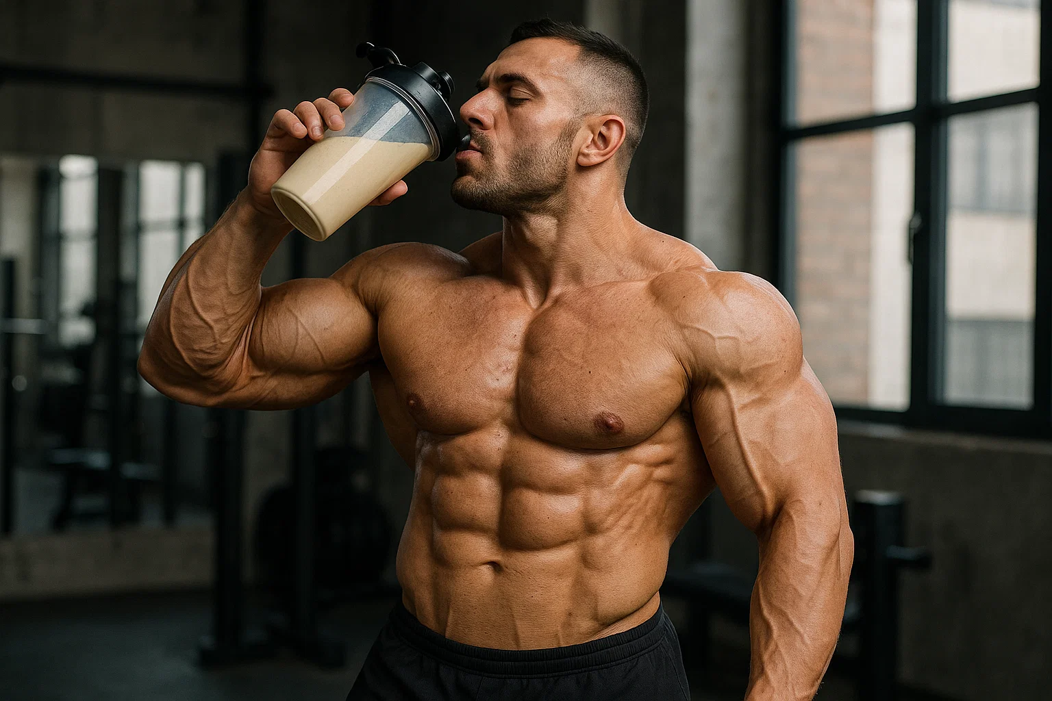 a bodybuilder drinking a protein shake showing how much protein to build muscle