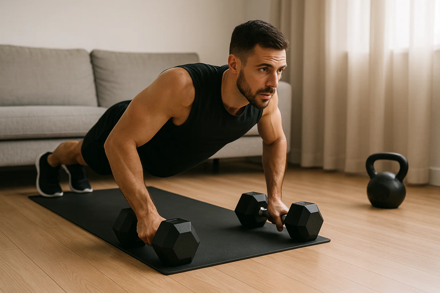 A man engaging in an upper body home workout