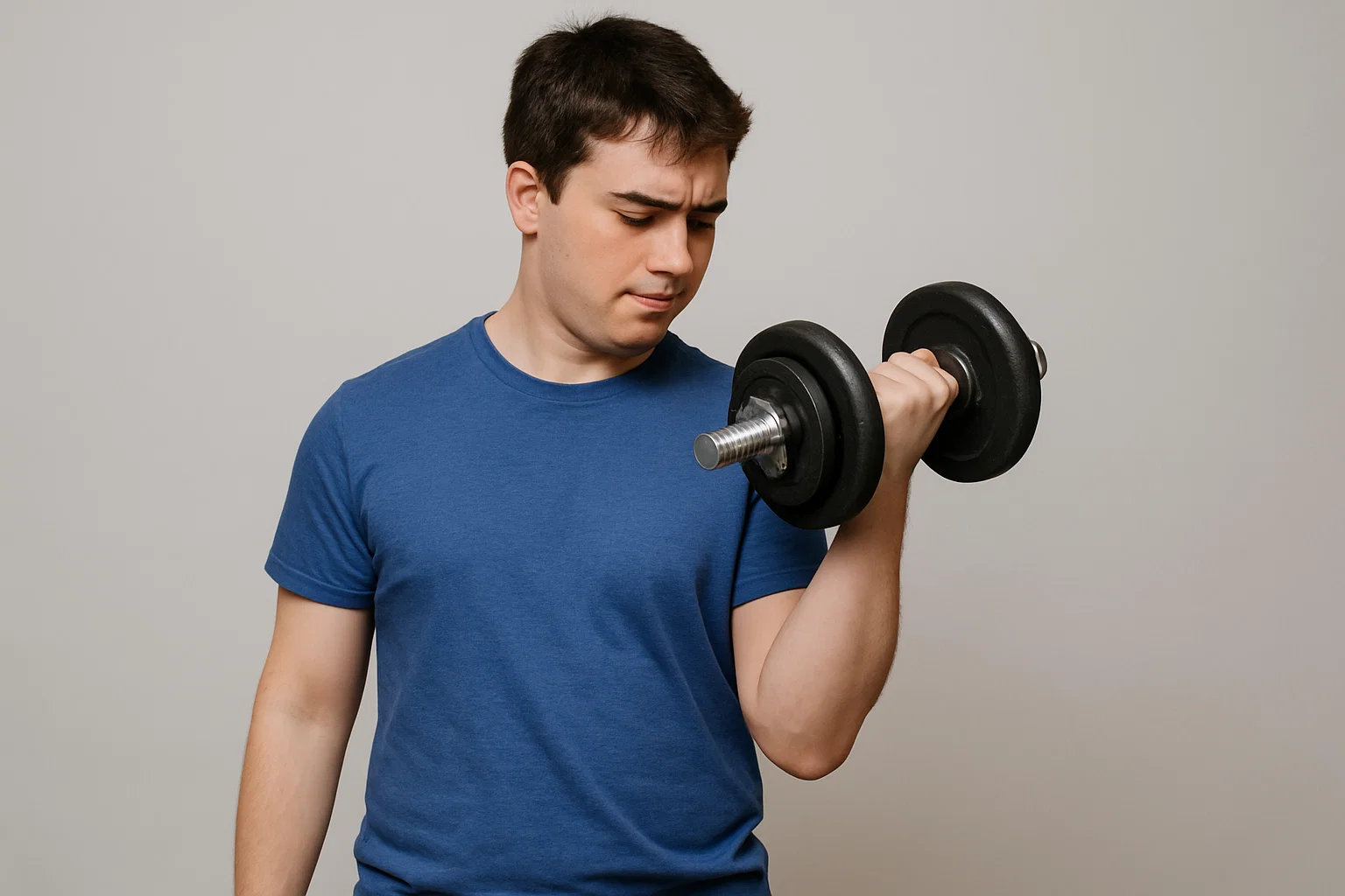 A young man engaging in an beginner dumbbell workout plan