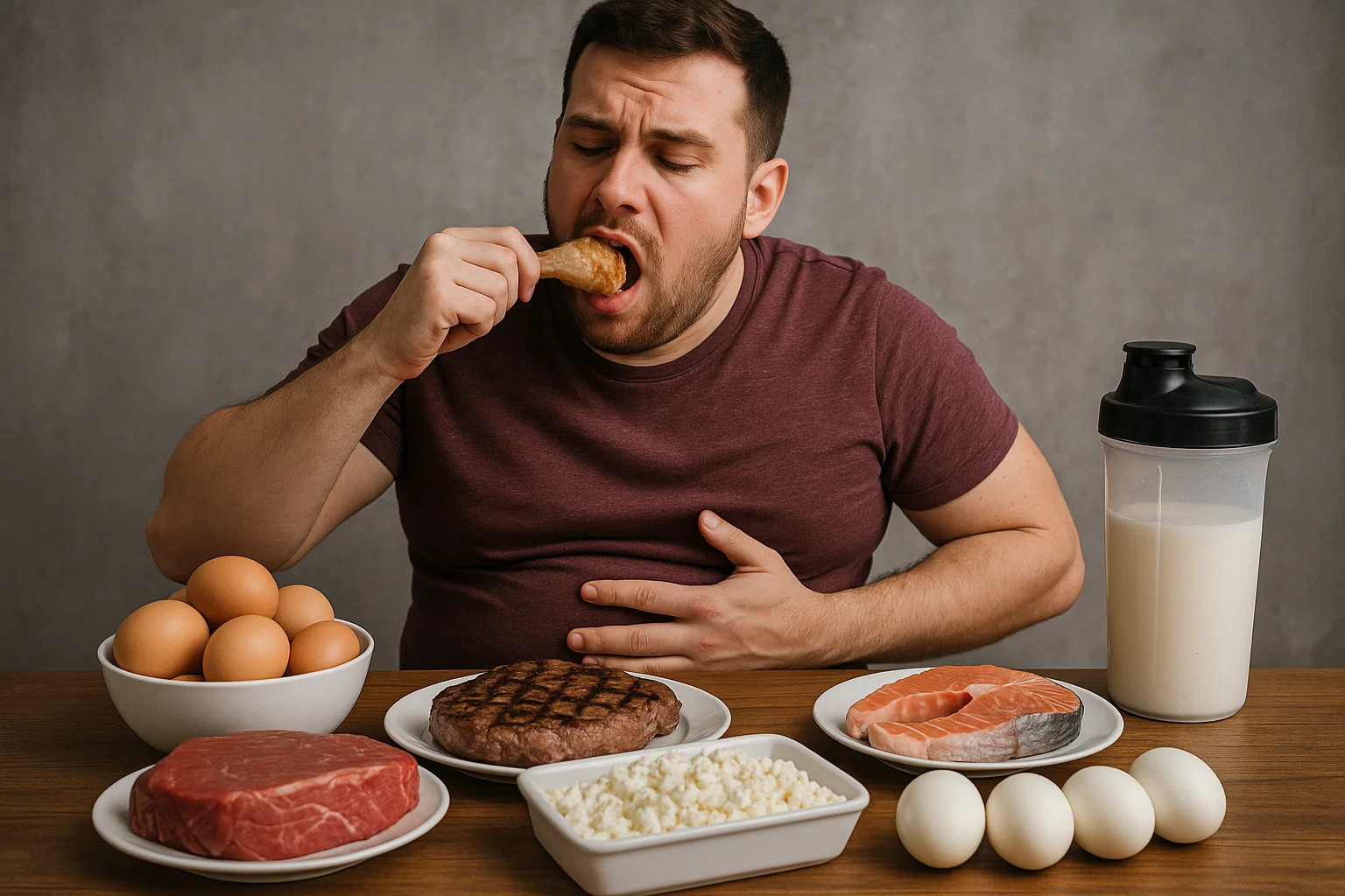 Can you eat too much protein- this image shows someone eating too much protein