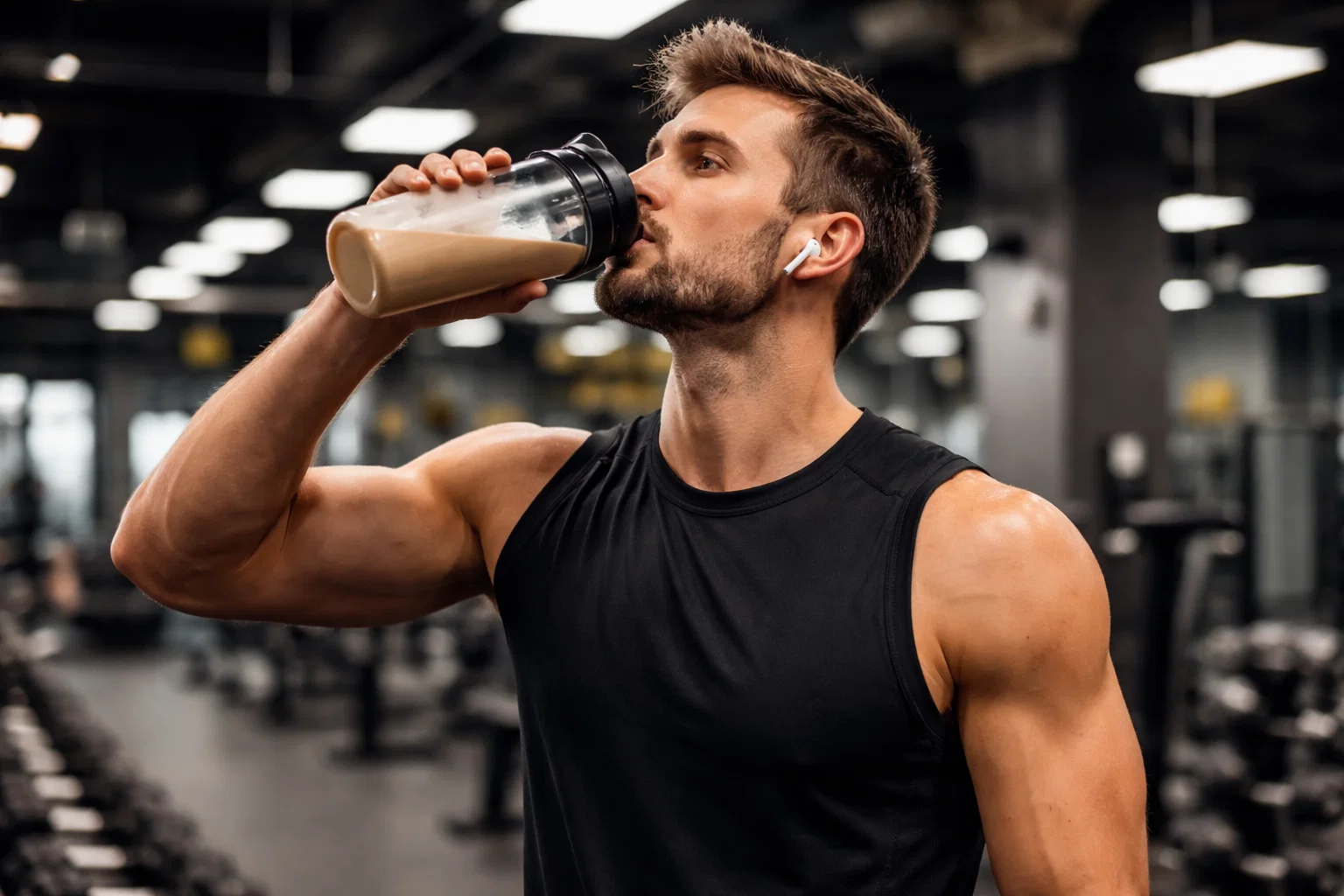 A man drinking a protein shake in the gym