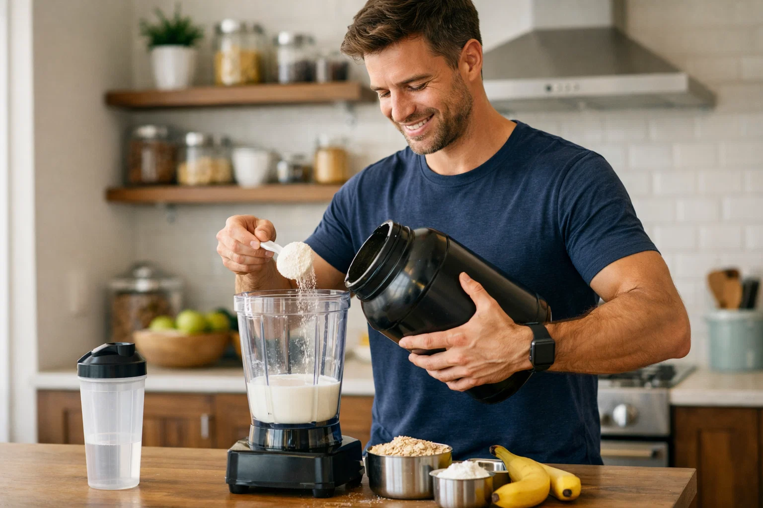 A man making a protein shake at home