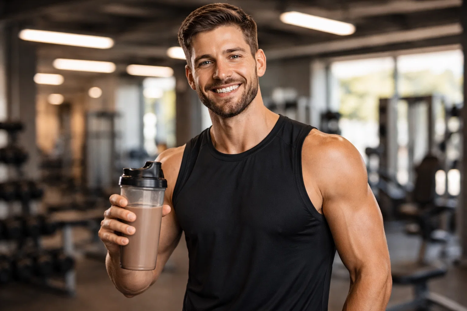 A man smiling in the gym, posing with a protein shake 