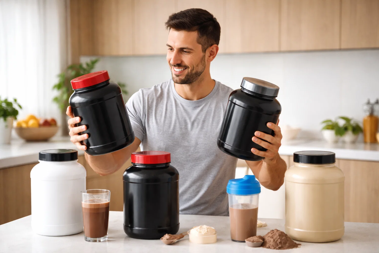 A man comparing the best protein powders for muscle growth at home