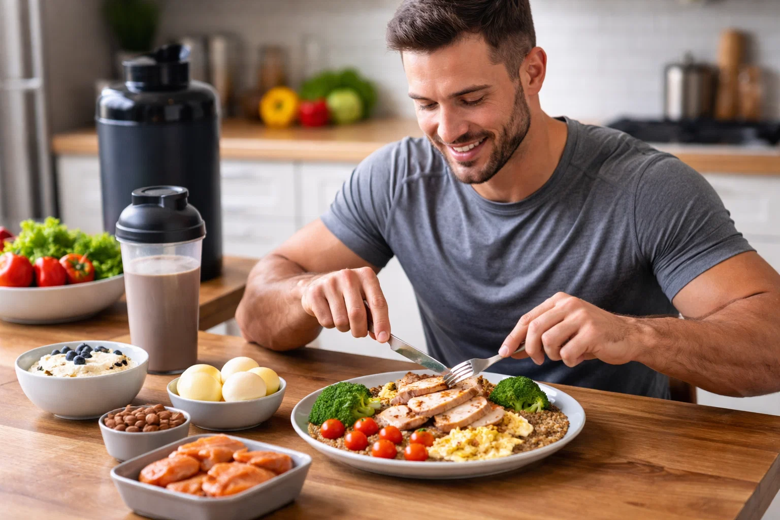A man eating a high protein meaL WONDERING HOW MUCH PROTEINPER DAY IS OPTIMAL