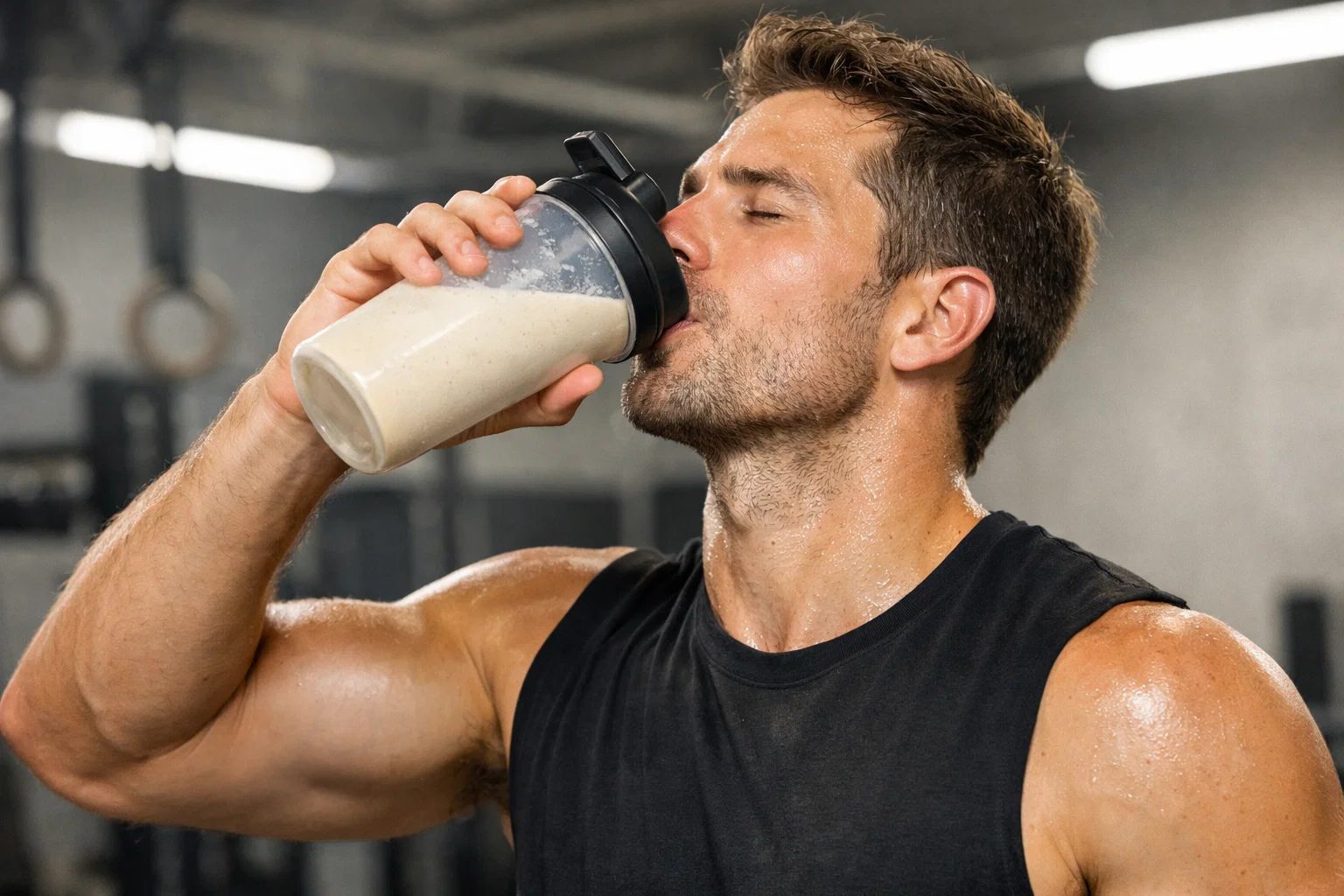How much protein per day- someone drinking a protein sake 