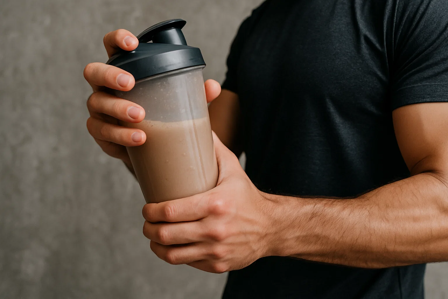 someone holding a chocolate protein shake