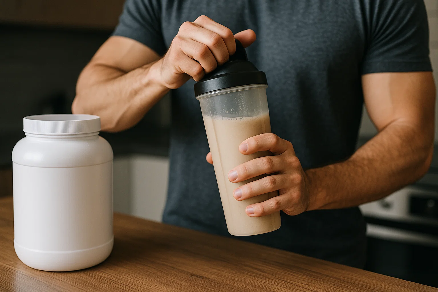 Someone holding a protein shake by a kitchen counter 