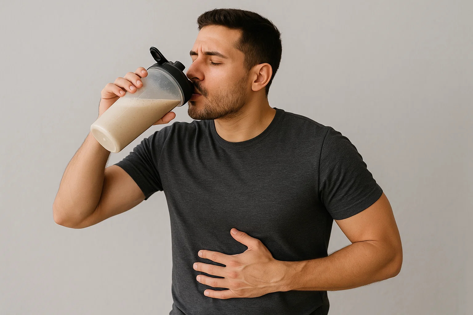 someone drinking a protein shake looking happy